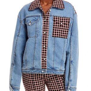 NWOT $990 Sz XS M Hellessy Blue Denim Akio Plaid Split Sleeve Jean Jacket